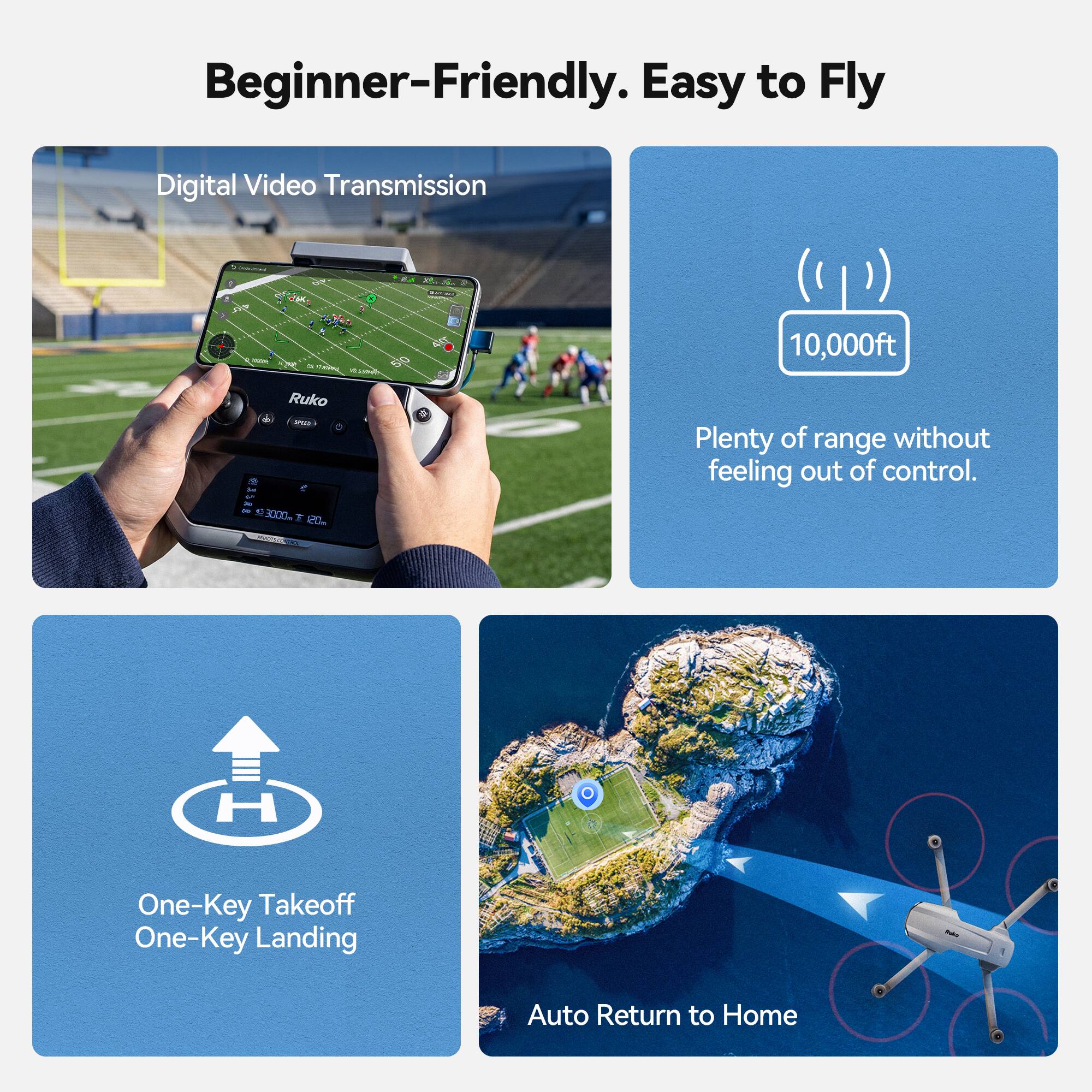 Beginner-Friendly. Easy to Fly

Digital Video Transmission

10,000ft

Plenty of range without feeling out of control.

One-Key Takeoff One-Key Landing

Auto Return to Home