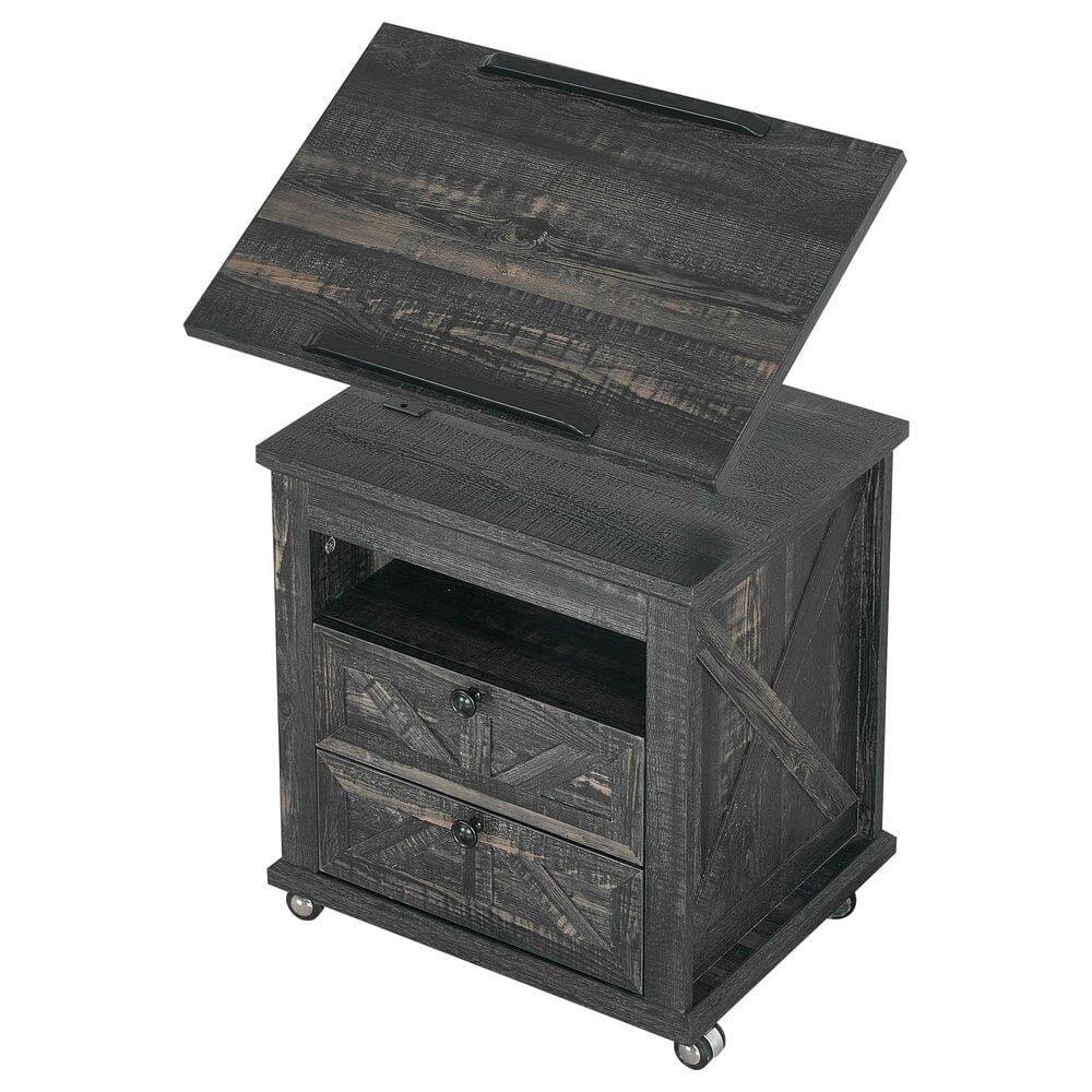 Alt View 1. Kadyn - Kadyn Lift Top Desk Cart, Mobile Rolling Table, Wood Storage Cabinet with Drawers, Height Utility Cart, Dark Wood Grain - Gray.