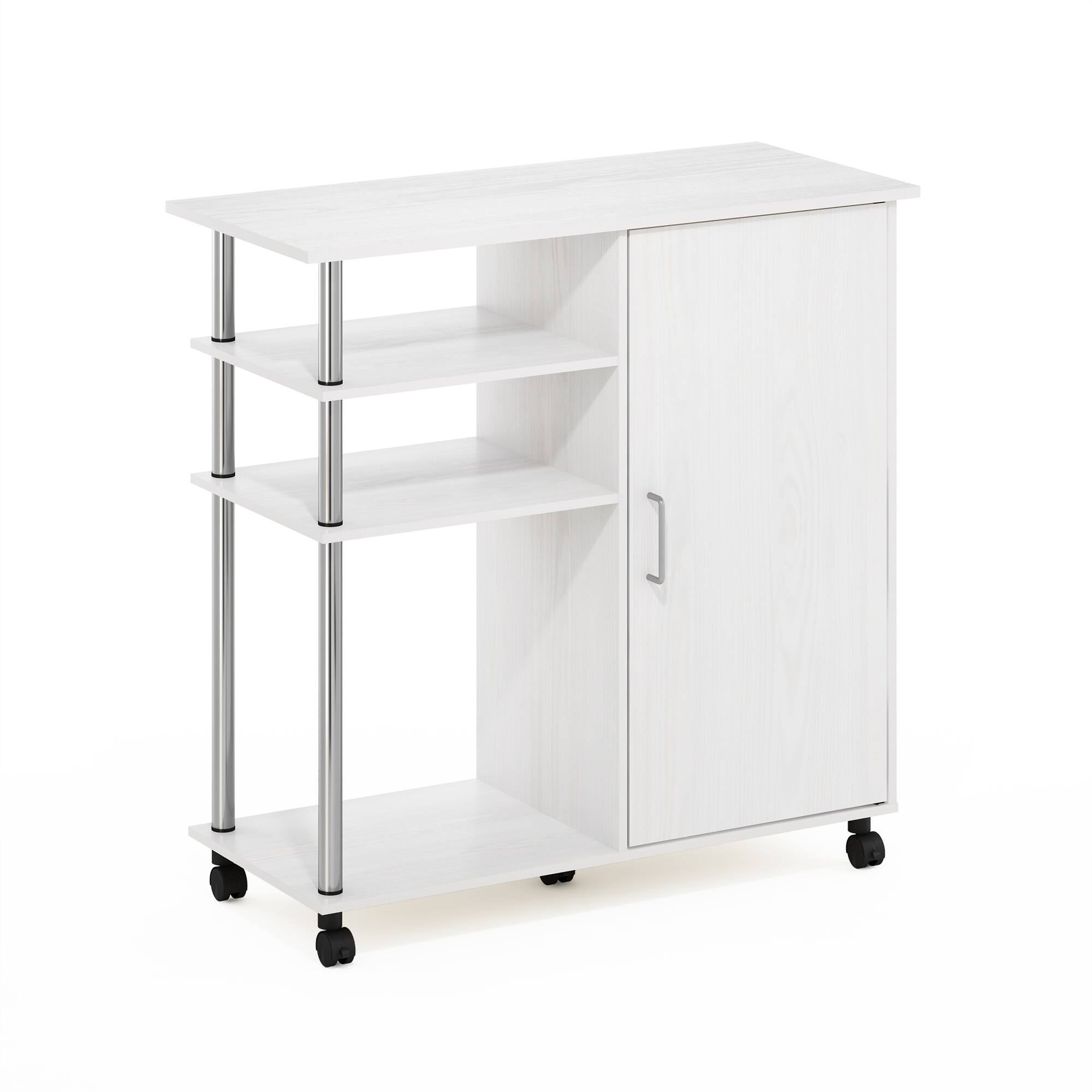Furinno - Helena 4-Tier Utility Kitchen Island and Storage Cart on wheels with Stainless Steel Tubes - White Oak/Stainless Steel