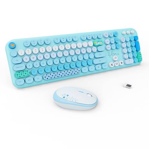 Stamp n Camp - Wireless And Mouse Cute Keyboards With Colorful 68 Keys Typewriter Retro Round Keycap For Pc Laptop Tablet Computer - LOVELY Blue Colorful