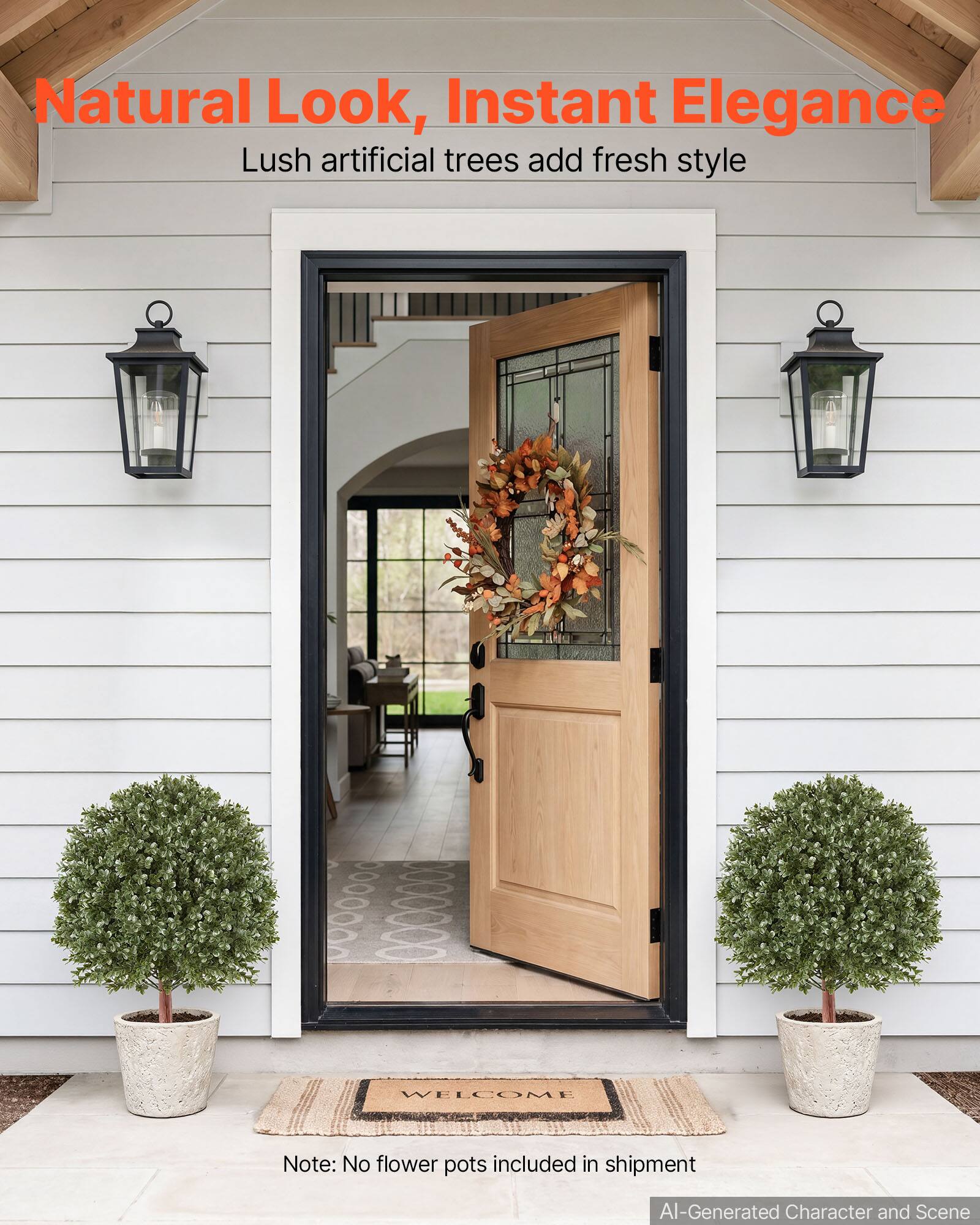 Natural Look, Instant Elegance  
Lush artificial trees add fresh style  

WELCOME  

Note: No flower pots included in shipment  

AI-Generated Character and Scene