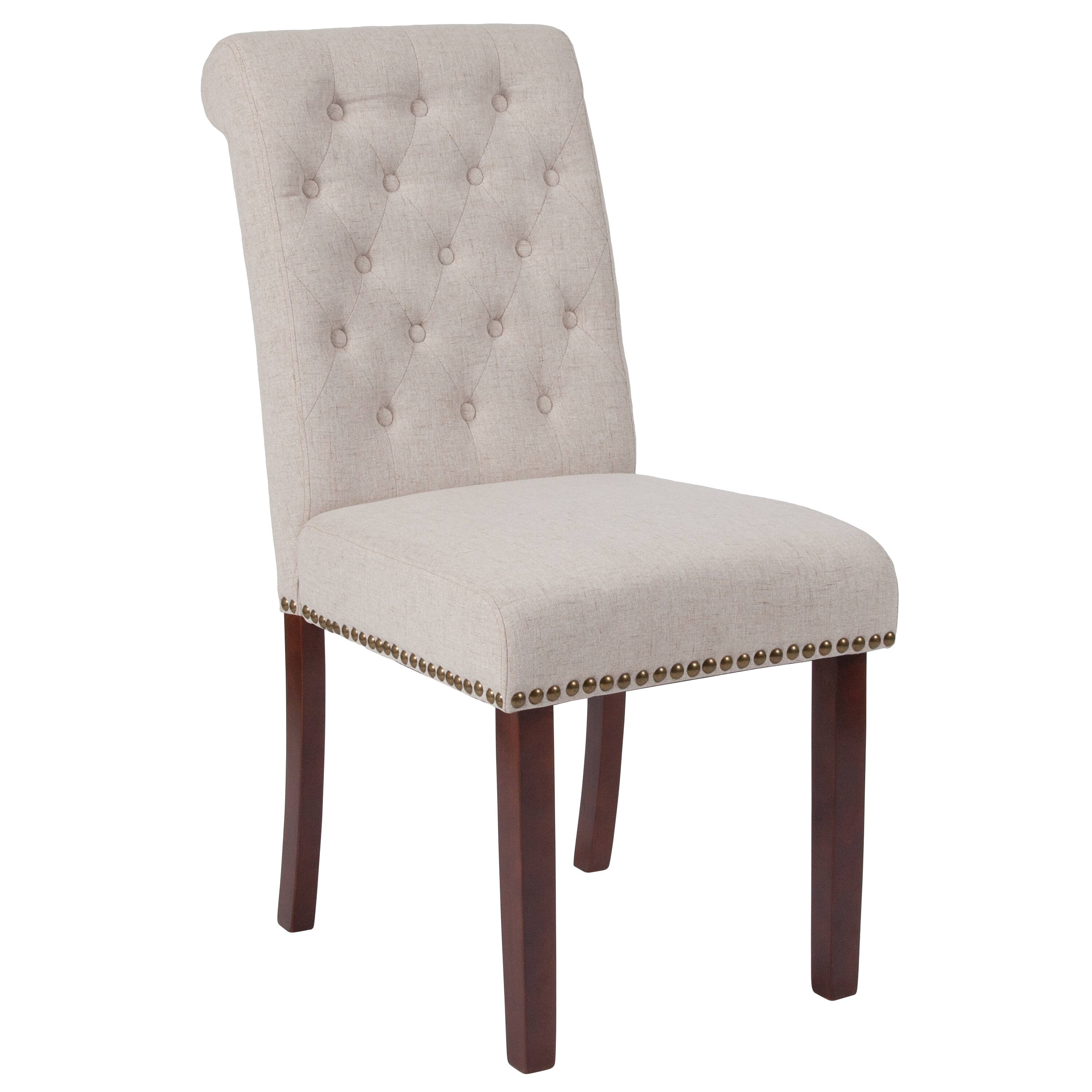 Alt View 1. Emma + Oliver - Upholstered Rolled Back Parson's Chair with Nailhead Trim & Finished Frame with Plastic Floor Glides - Beige Fabric.