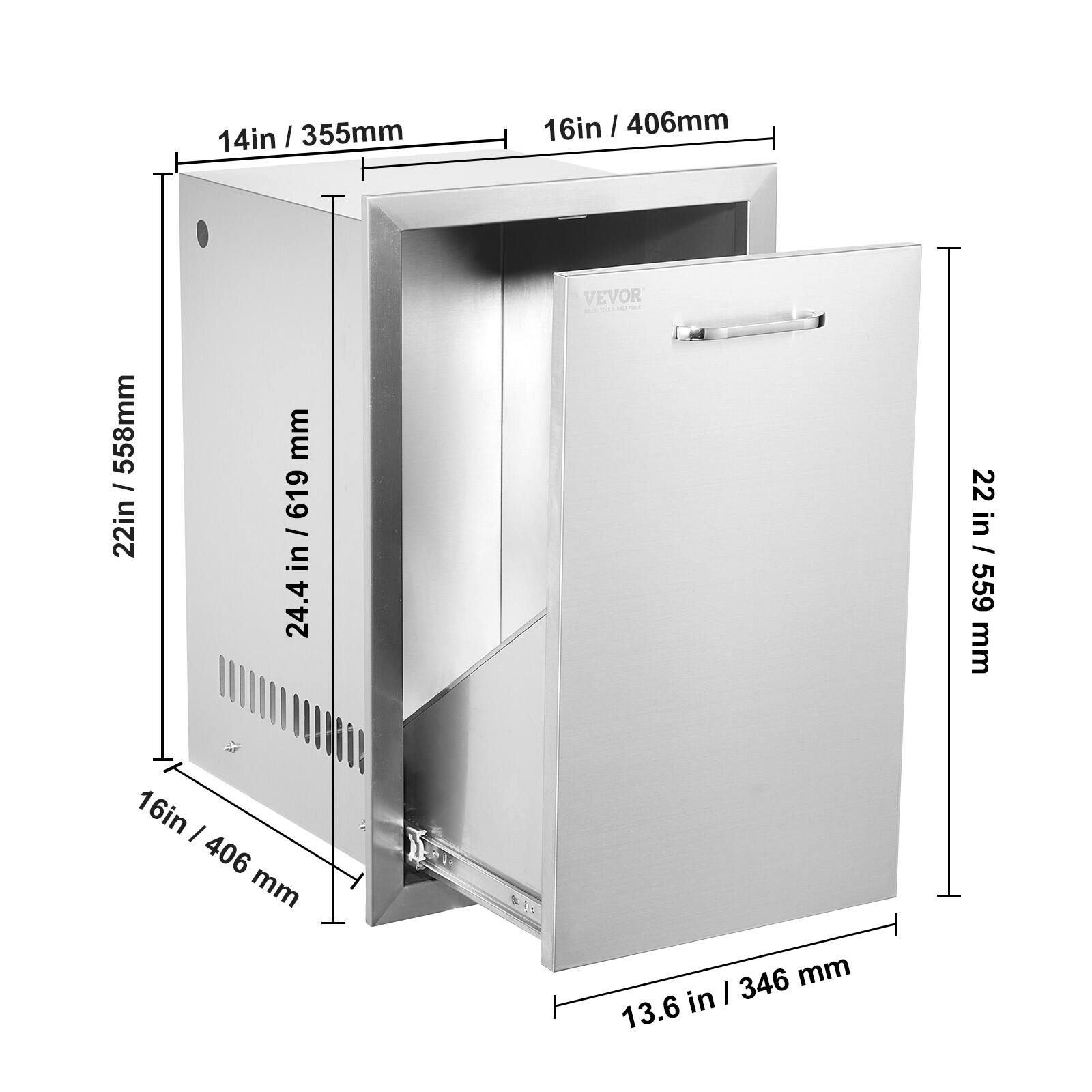 14in / 355mm  
16in / 406mm  
22in / 558mm  
24.4in / 619mm  
22in / 559mm  
13.6in / 346mm  
16in / 406mm