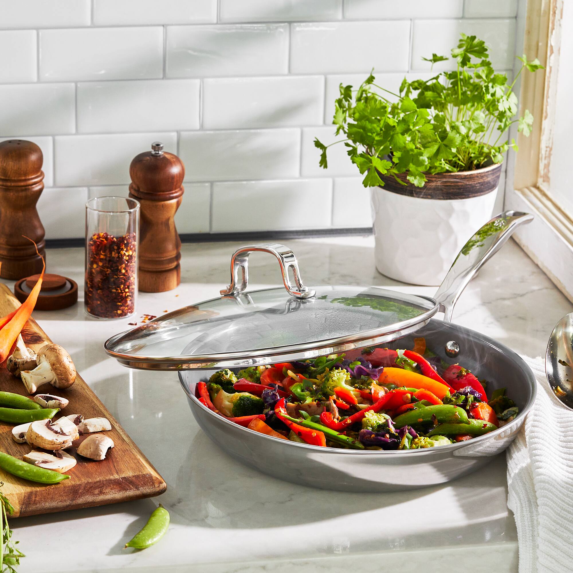 Alt View 5. Henckels - Henckels Clad H3 10-inch Stainless Steel Ceramic Nonstick Fry Pan with Lid - Stainless Steel.