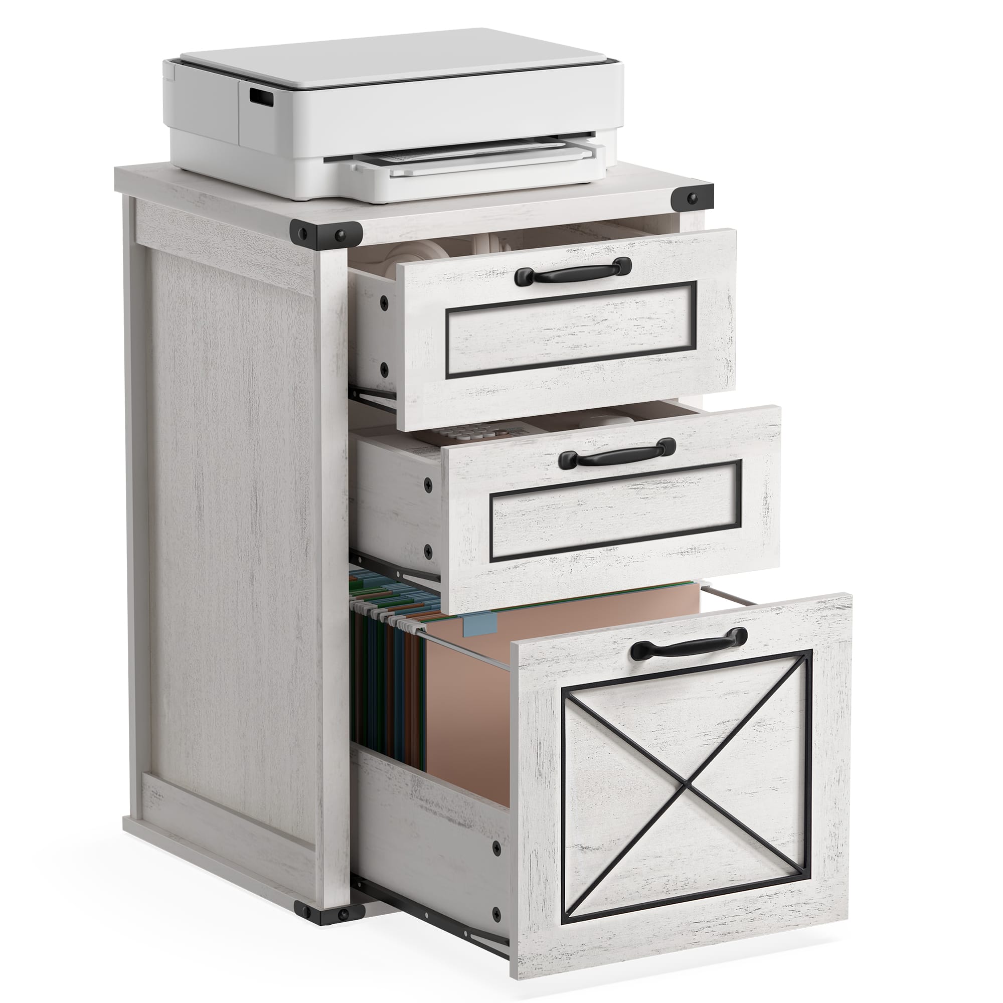 Songmics Home - File Cabinet, Filing Cabinet with 3 Drawers, Printer Stand, Fit A4, Letter Size, Hanging File Folders - Rustic White