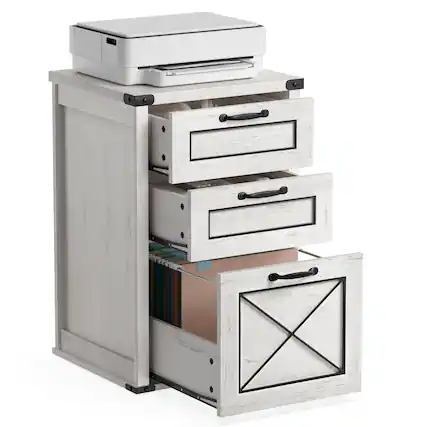 Front. Songmics Home - File Cabinet, Filing Cabinet with 3 Drawers, Printer Stand, Fit A4, Letter Size, Hanging File Folders - Rustic White.