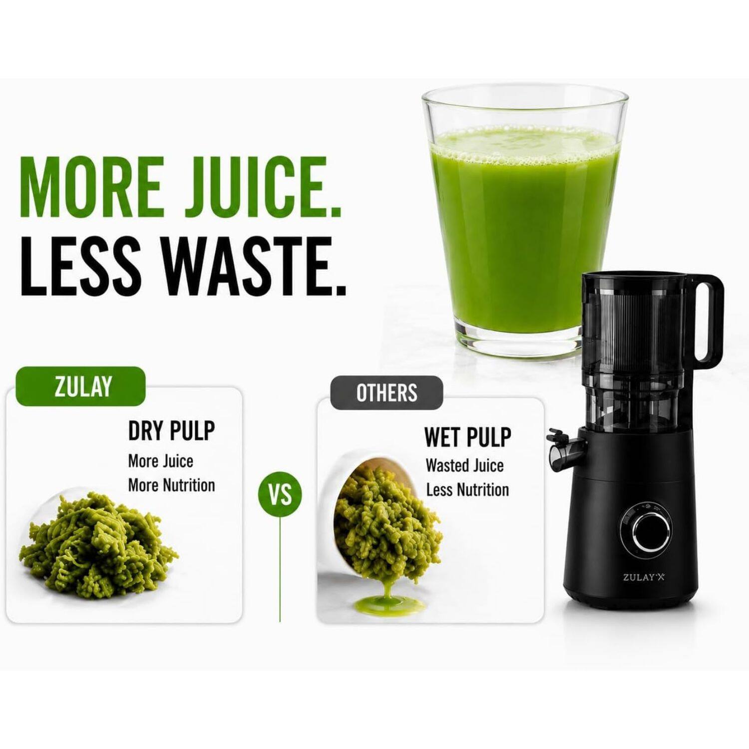 MORE JUICE. LESS WASTE.

ZULAY  
DRY PULP  
More Juice  
More Nutrition  

VS  

OTHERS  
WET PULP  
Wasted Juice  
Less Nutrition  

ZULAY X