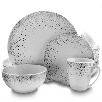 Front. Gibson - Gibson Platinum Dots 16 Piece Round Ceramic Dinnerware Set - Gray.