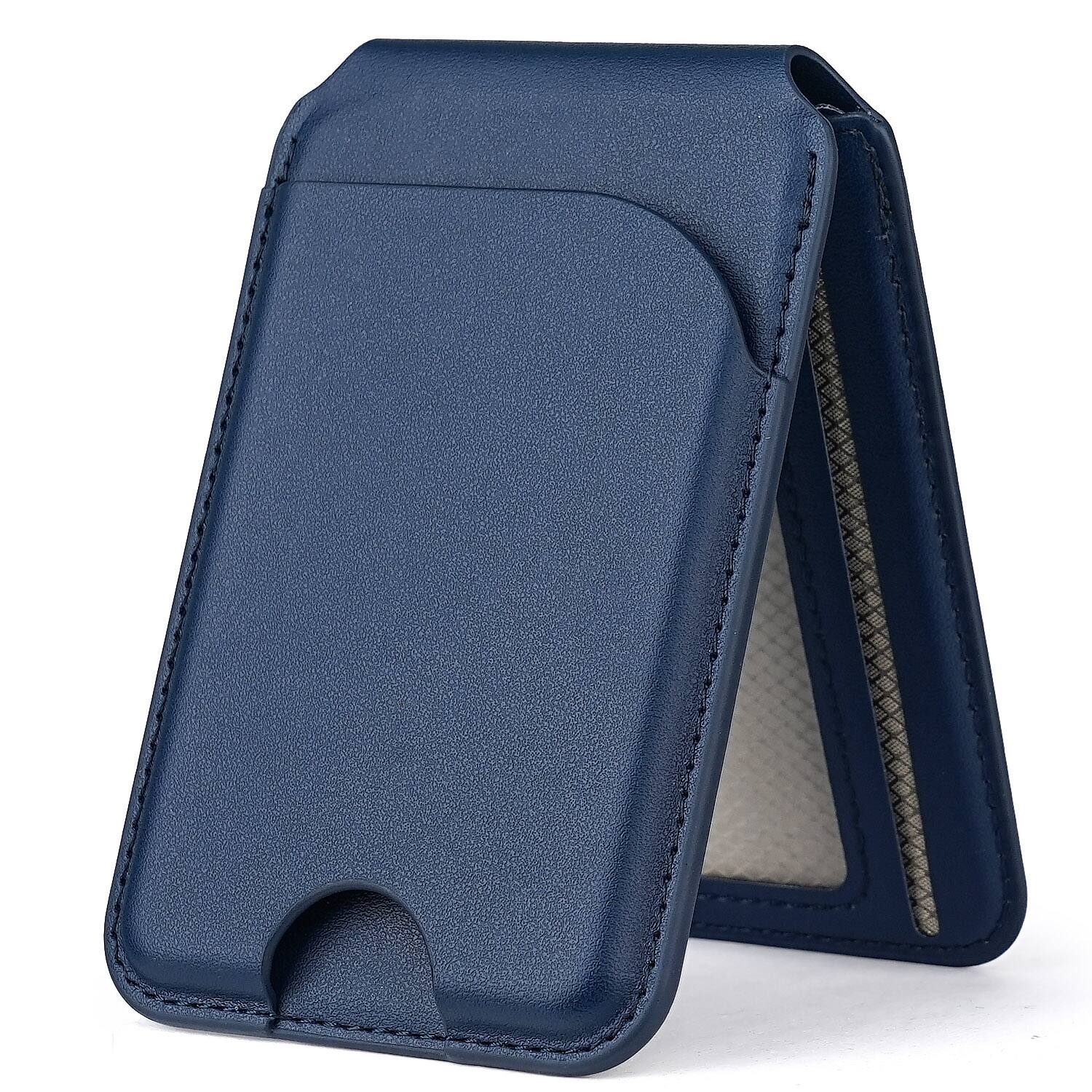 Angle. Alpha Digital - Magnetic Leather Wallet - MagSafe, Adjustable Phone Stand, Compatible w/ iPhone 12-17 - Blue.