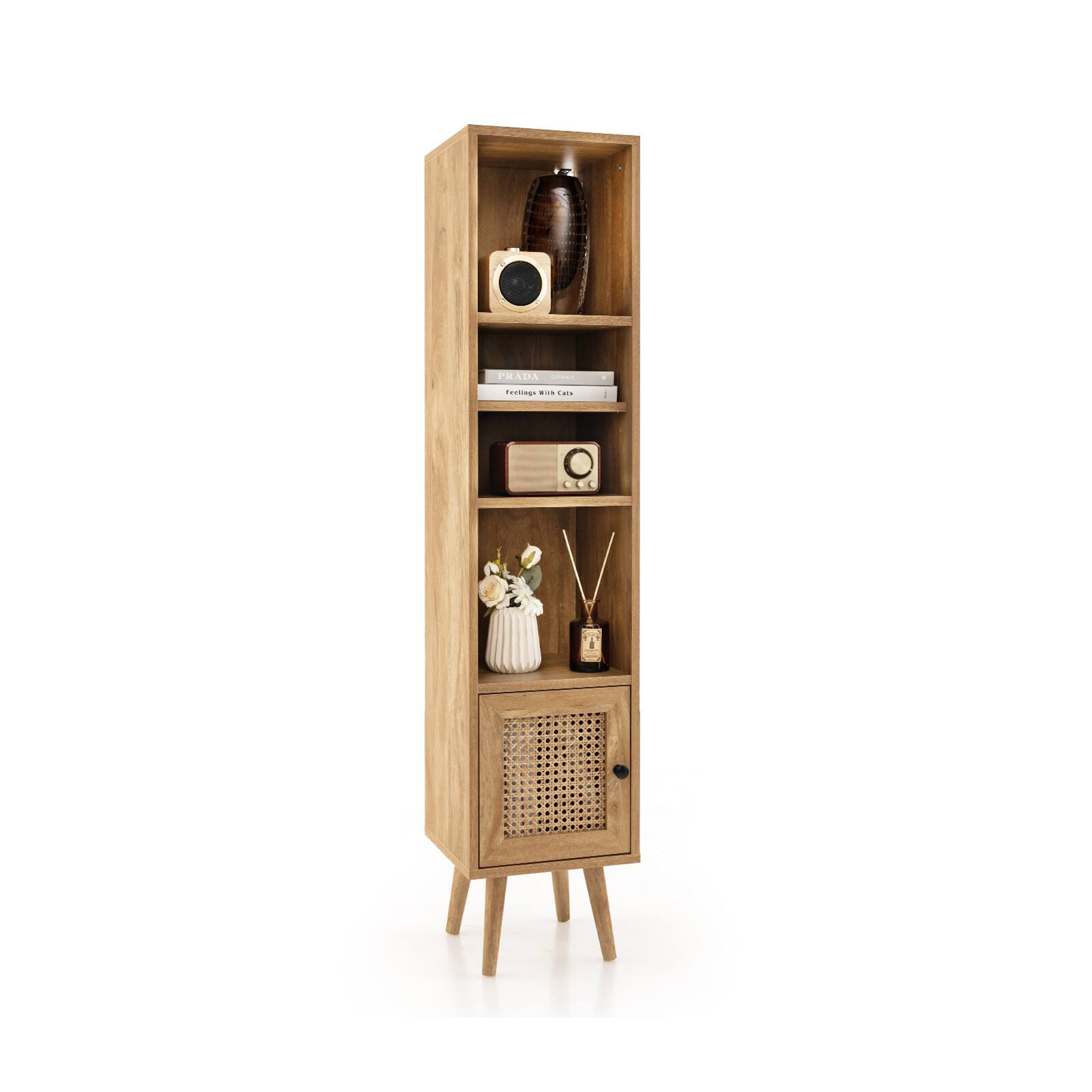 Ecooso - 4 Tiers Rattan Storage Cabinet with Slim Design - Natural