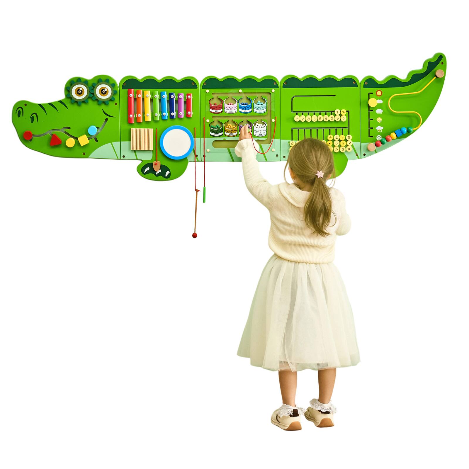 Front. VEVOR - Crocodile Activity Wall Busy Board, 9 Activities, Montessori Sensory Wall Panels Toy for Kids Ages 3-12 - Green.