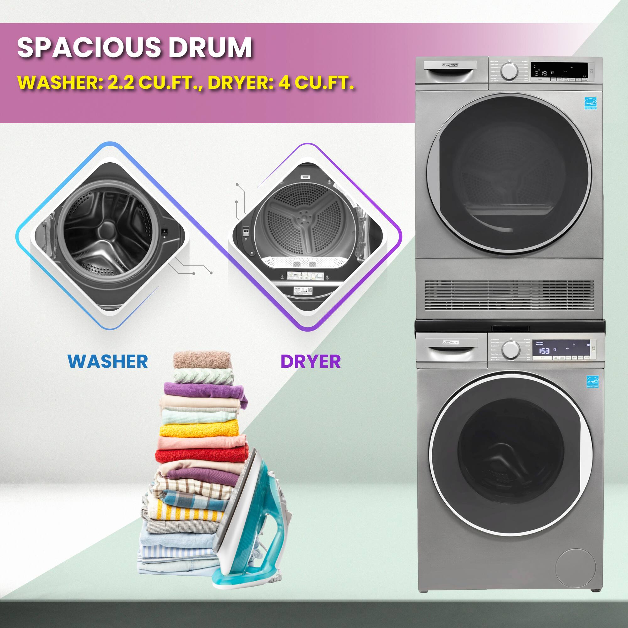 SPACIOUS DRUM  
WASHER: 2.2 CU.FT., DRYER: 4 CU.FT.  

WASHER  
DRYER