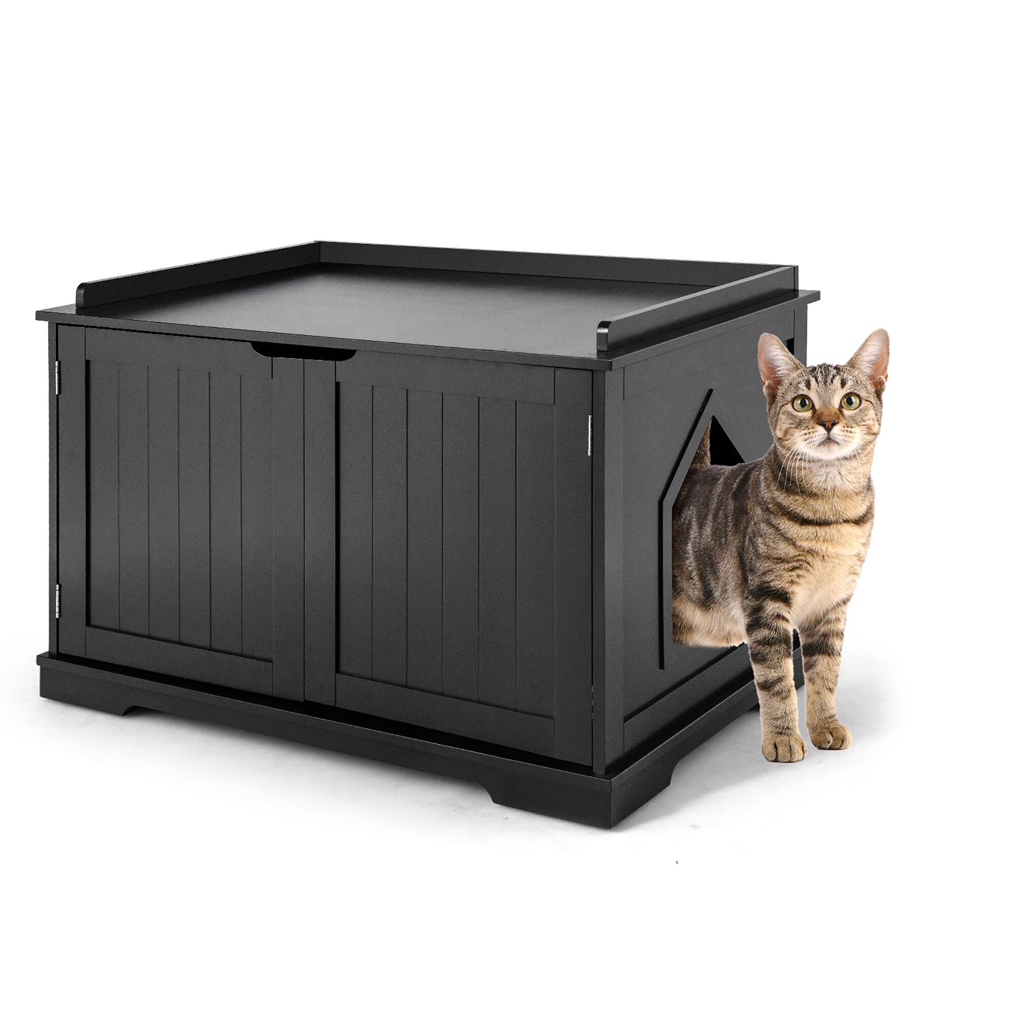 Front. Costway - Costway Cat Litter Box Cabinet Furniture Cat Washroom Storage Bench - Black.
