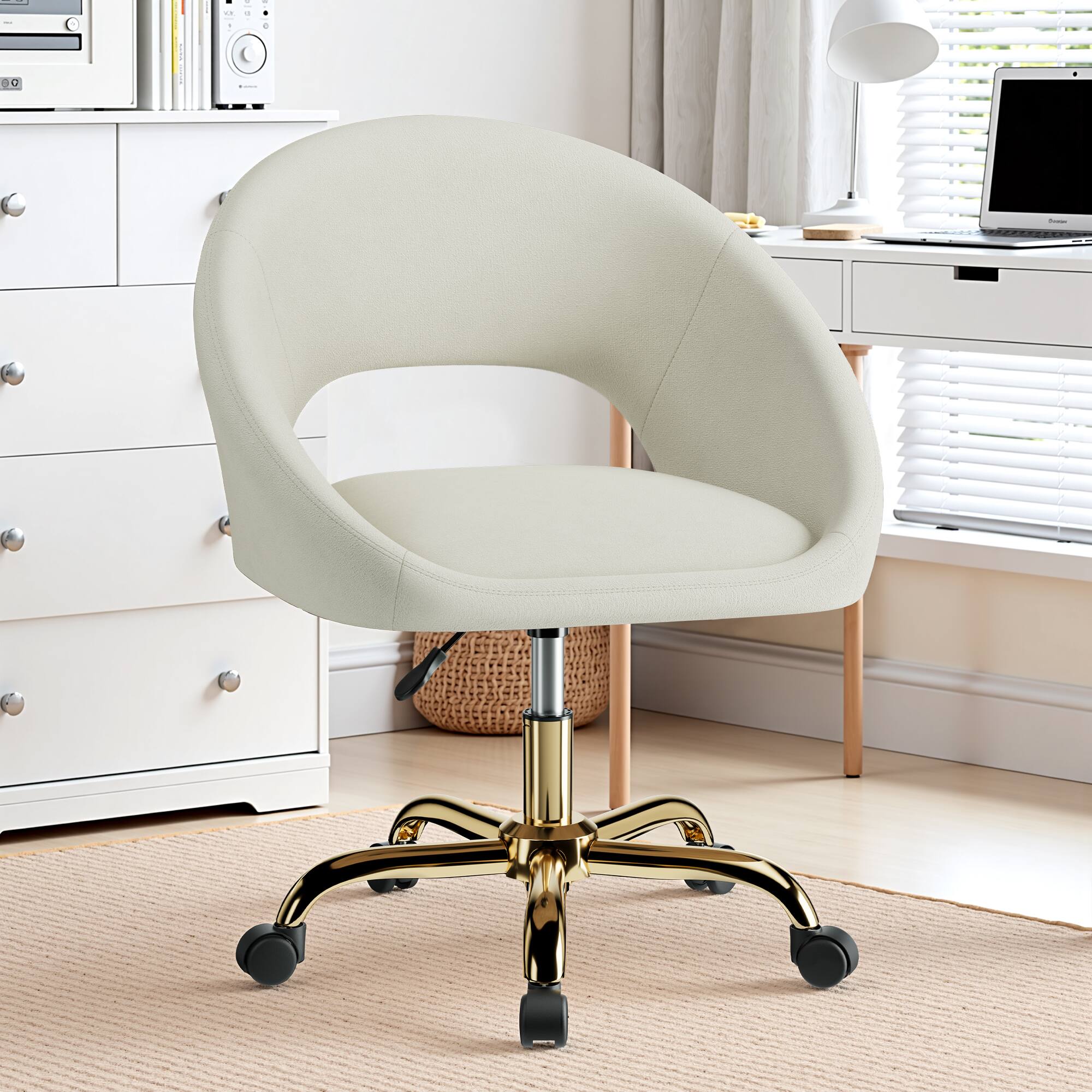 Alt View 4. KERDOM - Vanity Chair with Back & Wheel, Smooth Tech Fabric & Wide Cushion Home Office Chair, Makeup Chair Breathable Hollow Back - Beige.