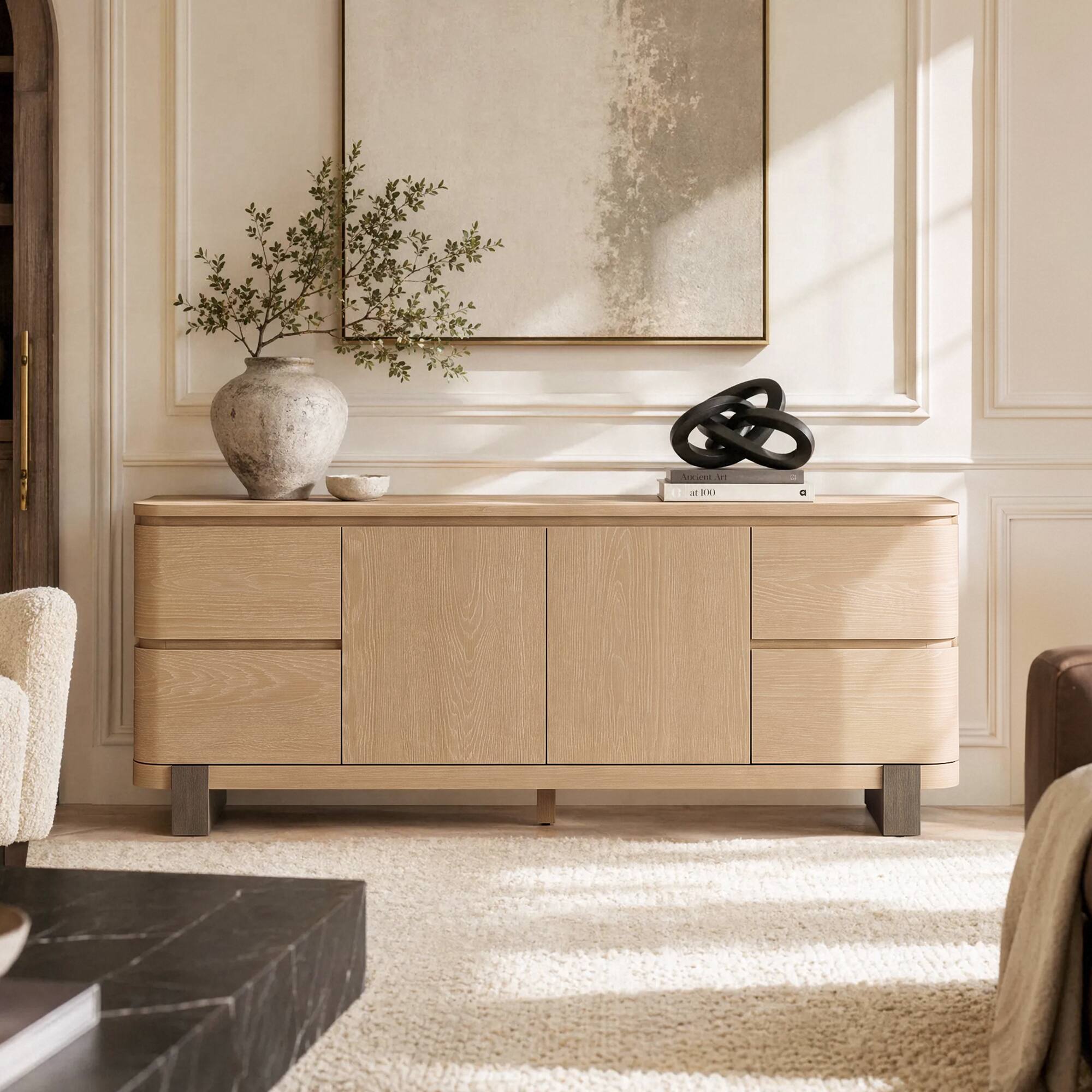 Left. ModernMate - Fits Up to 75" TVs Modern Entertainment Center with 4 Drawers and 2 Doors TV Stand - Natural Oak.