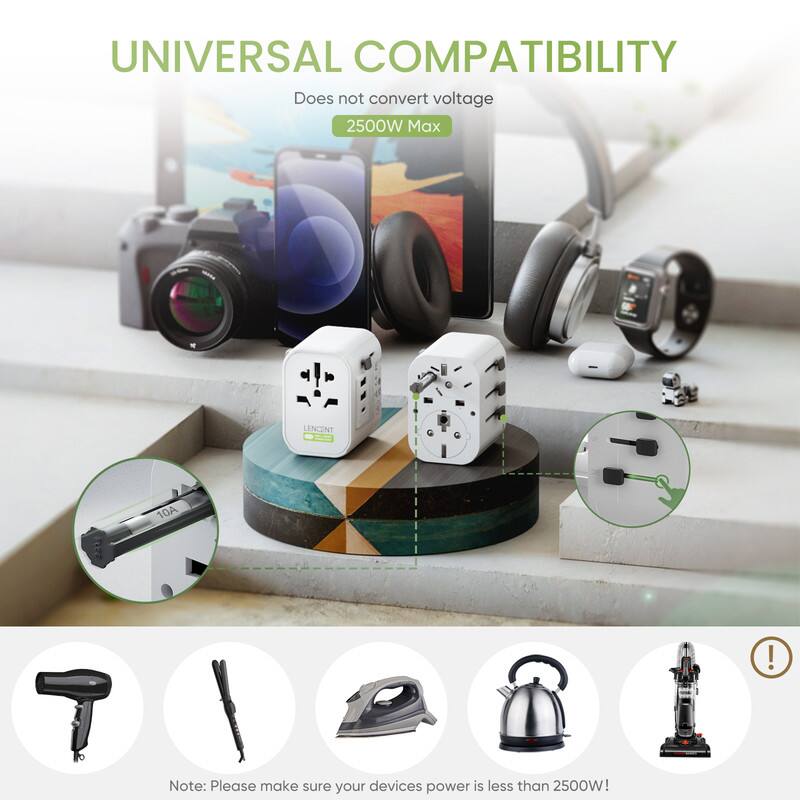 UNIVERSAL COMPATIBILITY  
Does not convert voltage  
2500W Max  

LENCENT  
10A  

Note: Please make sure your devices power is less than 2500W!