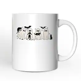 OrnamentallyYou - Ghosts and Cats Spooky Mug, Whimsical Halloween Gift - White