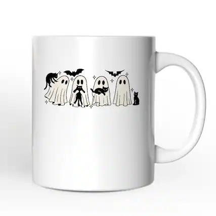 Front. OrnamentallyYou - Ghosts and Cats Spooky Mug, Whimsical Halloween Gift - White.