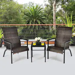Costway - 3 PCS Patio Rattan Bistro Set High Backrest Armrest SideTable - Mix Brown