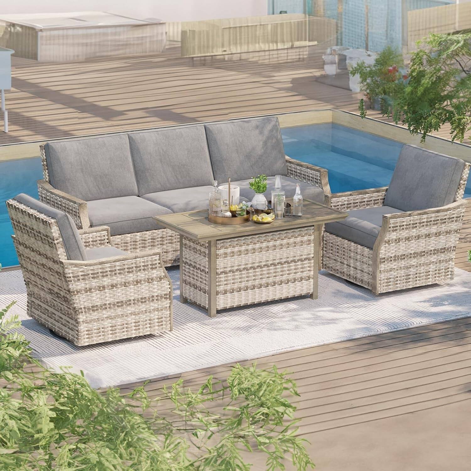 Angle. U-HOMY - 4-Piece Outdoor Wicker Patio Set with 360° Swivel Rocker Chairs, 3-Seat Sofa and Tempered Glass Table - Grey.
