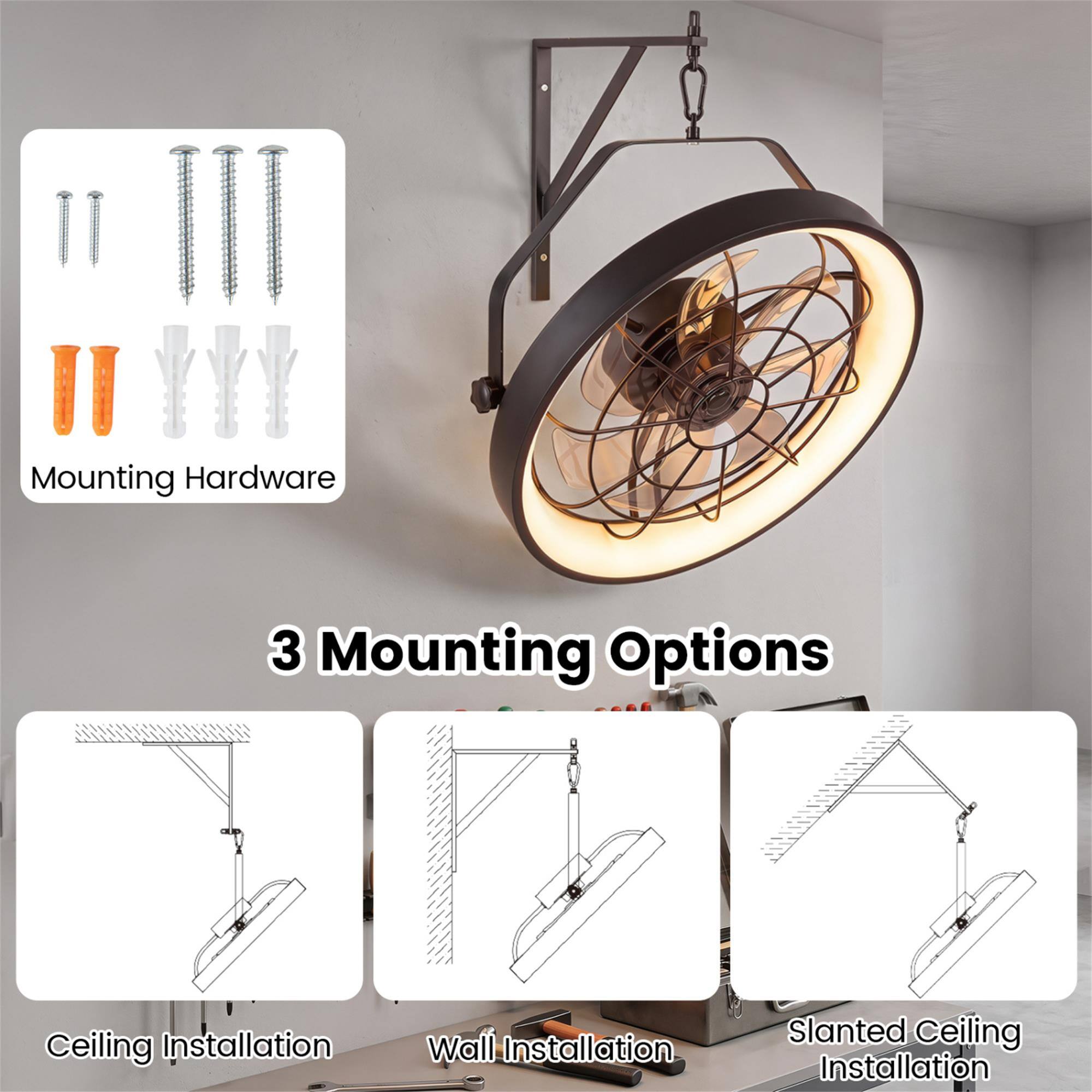 Mounting Hardware

3 Mounting Options

Ceiling Installation

Wall Installation

Slanted Ceiling Installation