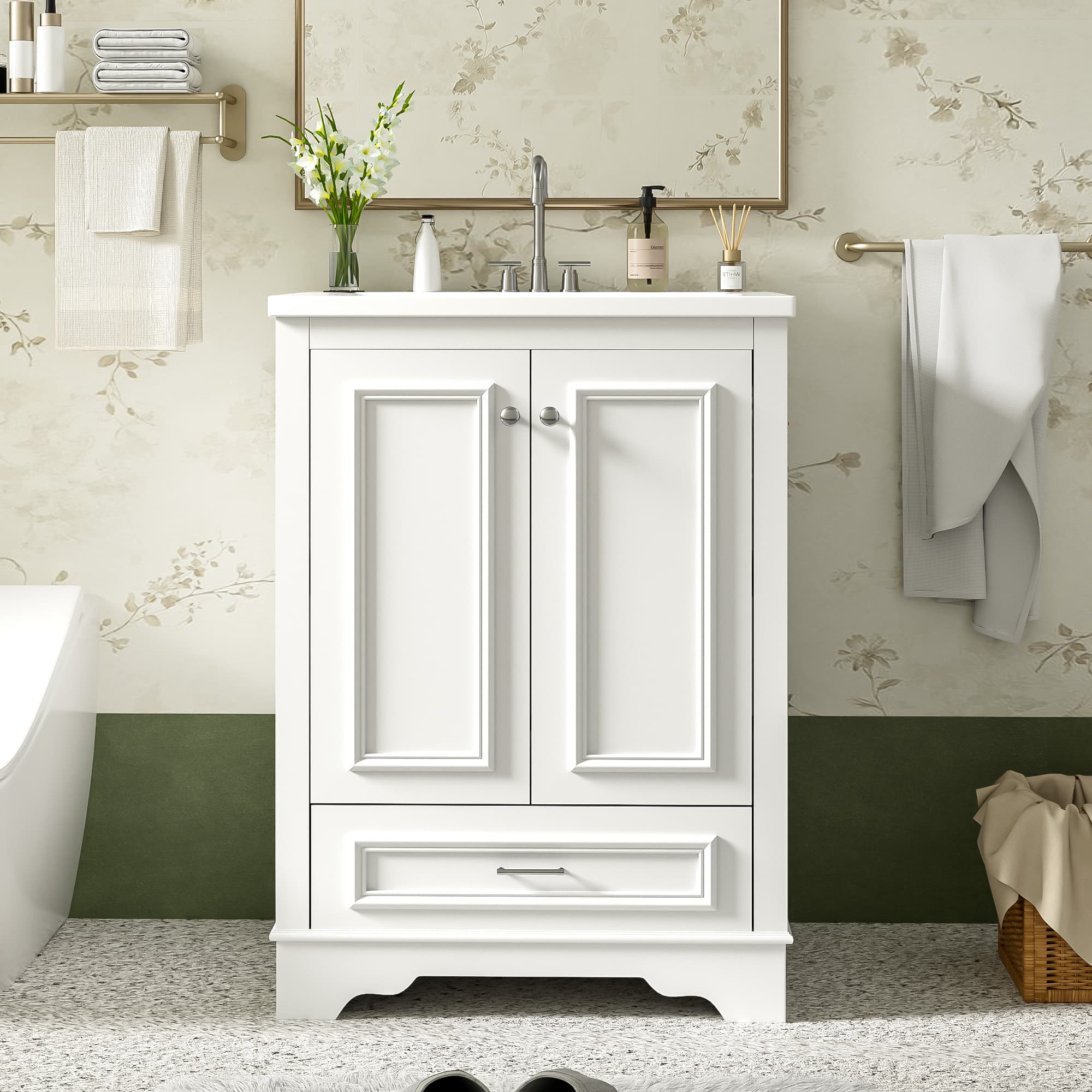Tiramisubest - 24" Bathroom Vanity with Ceramic Sink Combo, Modern Storage Cabinet with Silver Handles, Soft Closing Doors - White