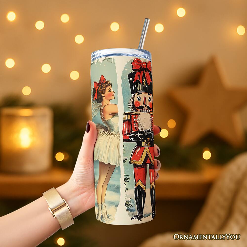 Left. OrnamentallyYou - Coquette Ballet and Nutcracker 20oz Tumbler With Lid and Stainless Steel Straw - Multicolored.