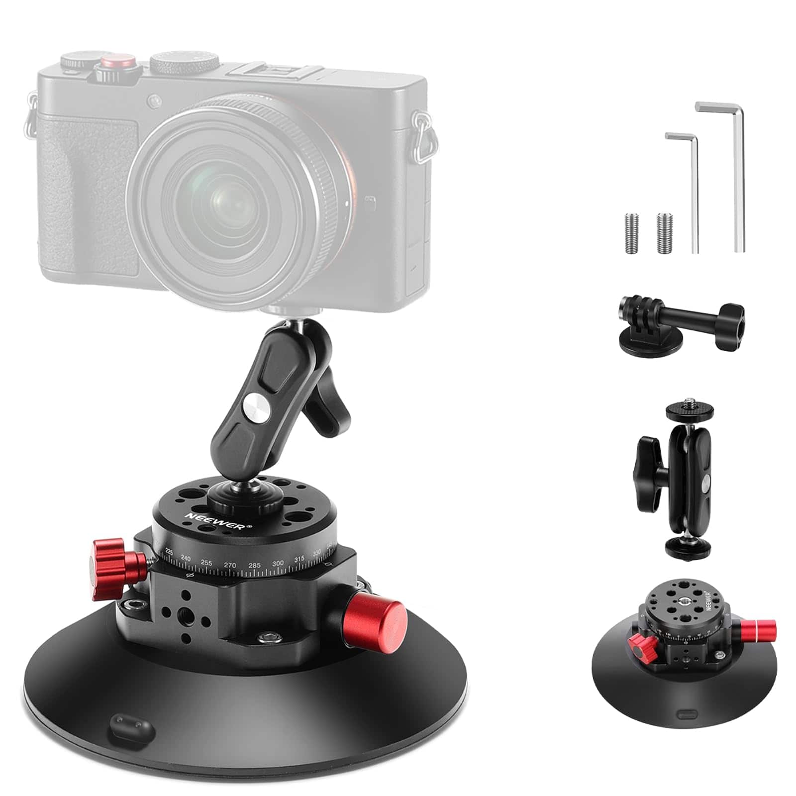 Neewer - 6-Inch Camera Suction Cup Mount with Ball Head for Car Windshield, Compatible with Camera, Action Cam, Phone