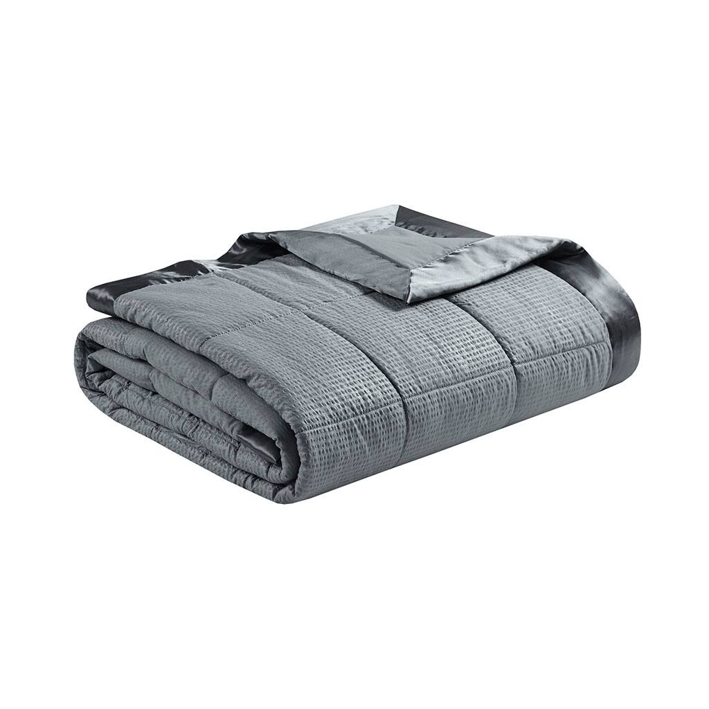 Alt View 3. Gracie Mills - Gracie Mills Lucile Textured Oversized Down Alternative Blanket with Satin Trim - Charcoal.