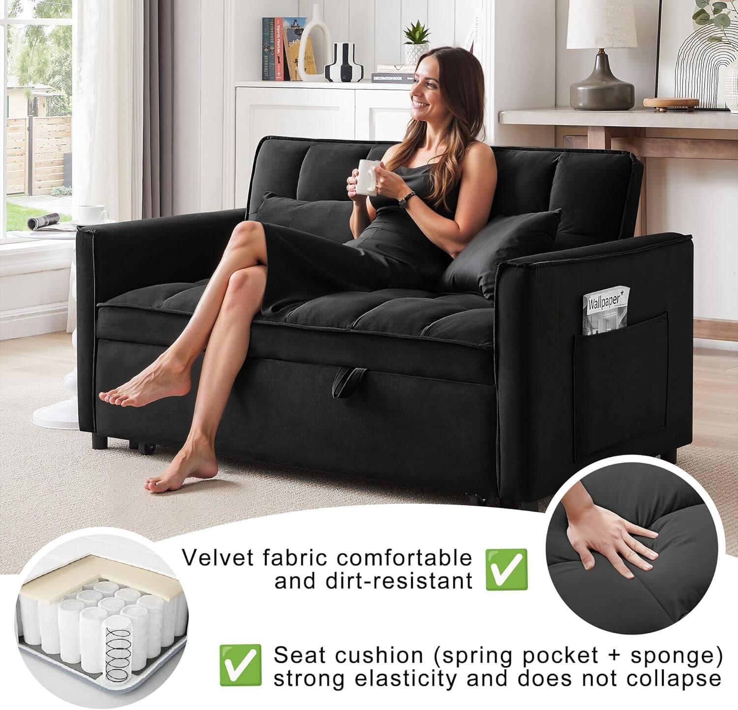 Walpaper* 10000 Velvet fabric comfortable and dirt-resistant
Seat cushion (spring pocket + sponge) strong elasticity and does not collapse