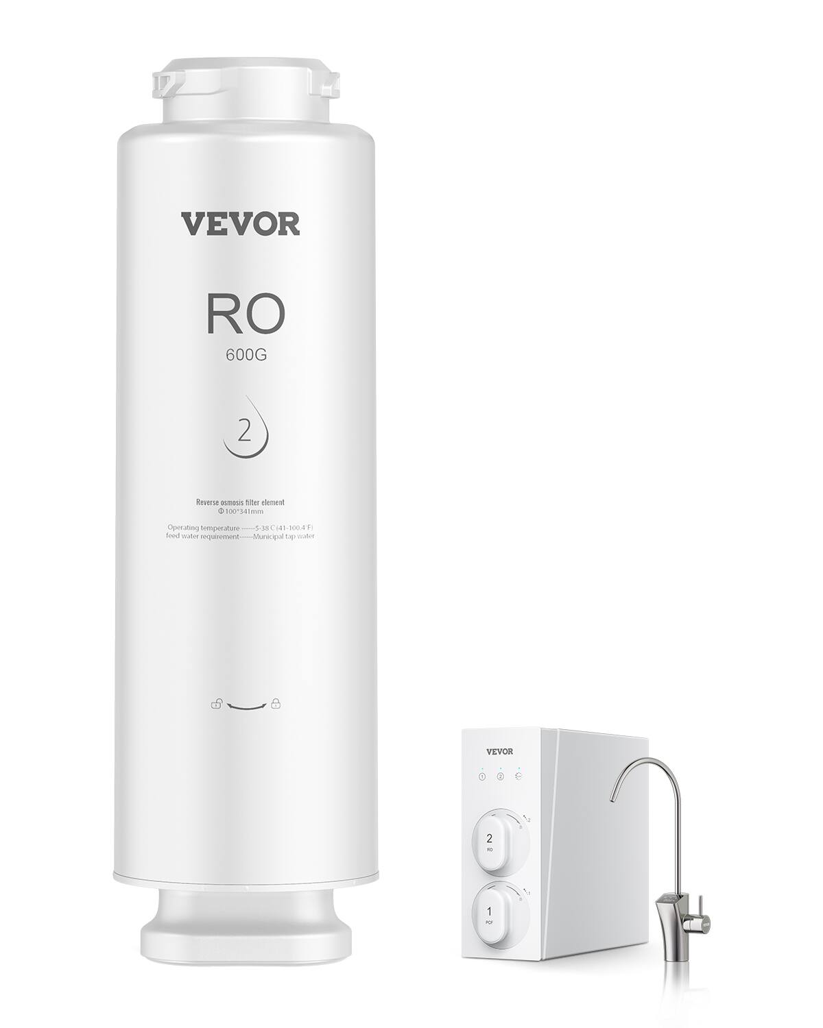 VEVOR  
RO 600G  
2  
Reverse osmosis filter element  
Ø 100x341mm  
Operating temperature: 5-38°C (41-100.4°F)  
Feed water requirement: Municipal tap water  

VEVOR  
RO  
1  
RO