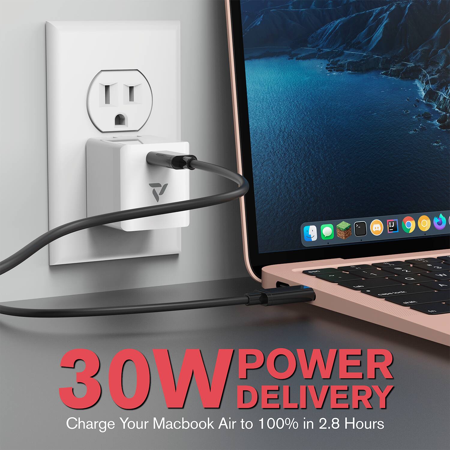 30W POWER DELIVERY  
Charge Your Macbook Air to 100% in 2.8 Hours
