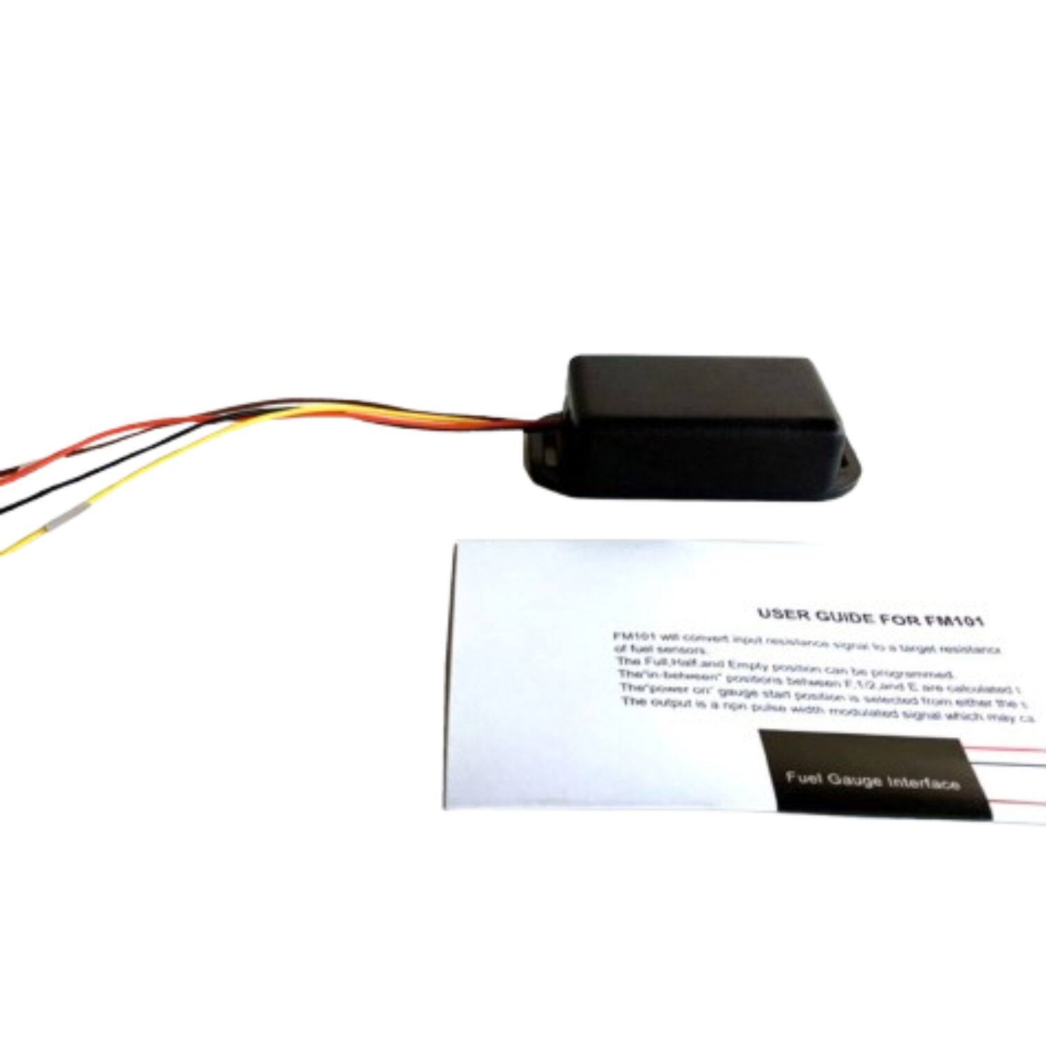 USER GUIDE FOR FM101

FM101 will convert input resistance signal to a target resistance of fuel sensors. The Full, Half and Empty positions can be programmed. Their in-between positions between Full and Empty are calculated 1:1. The output is a right pulse width modulated signal which may be connected to the Fuel Gauge Interface.

Fuel Gauge Interface