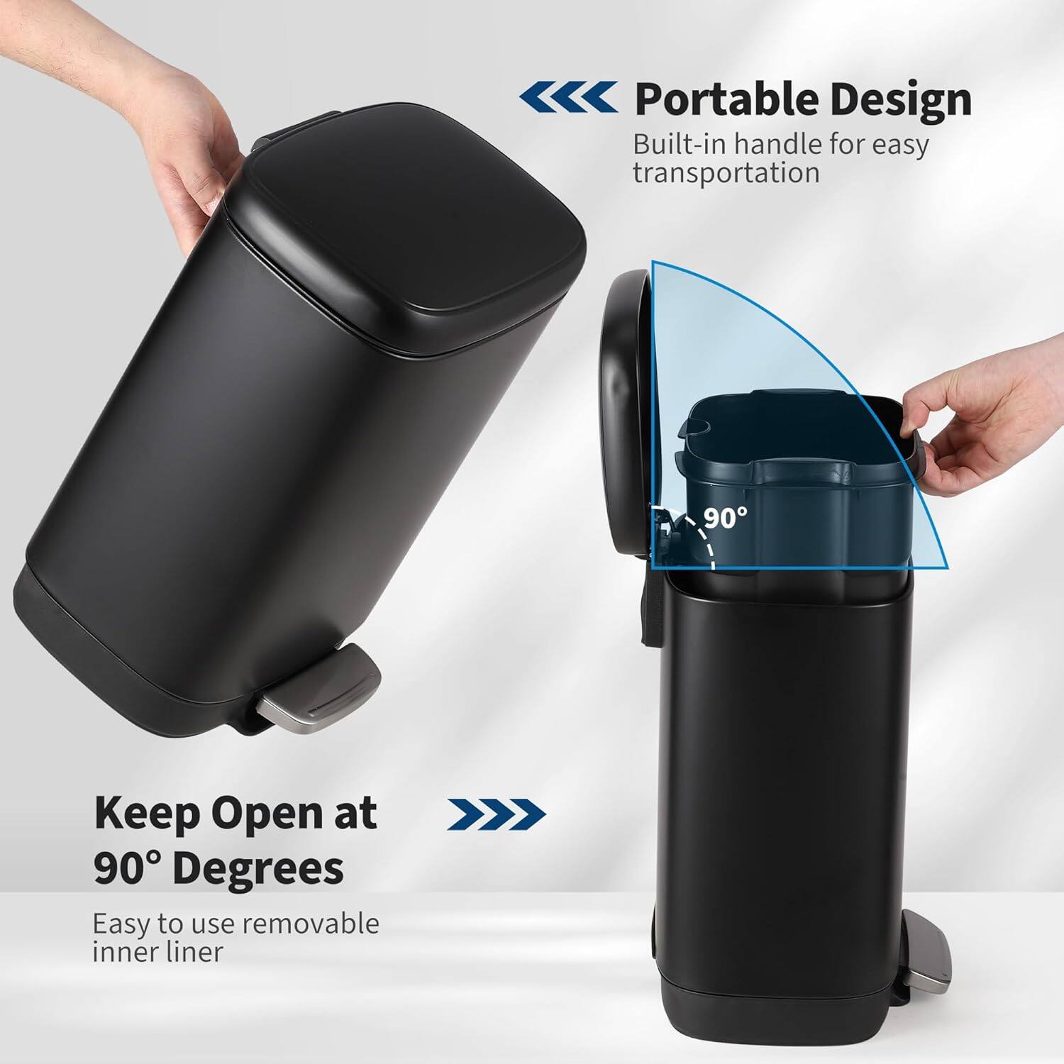 Portable Design  
Built-in handle for easy transportation  

Keep Open at 90° Degrees  
Easy to use removable inner liner