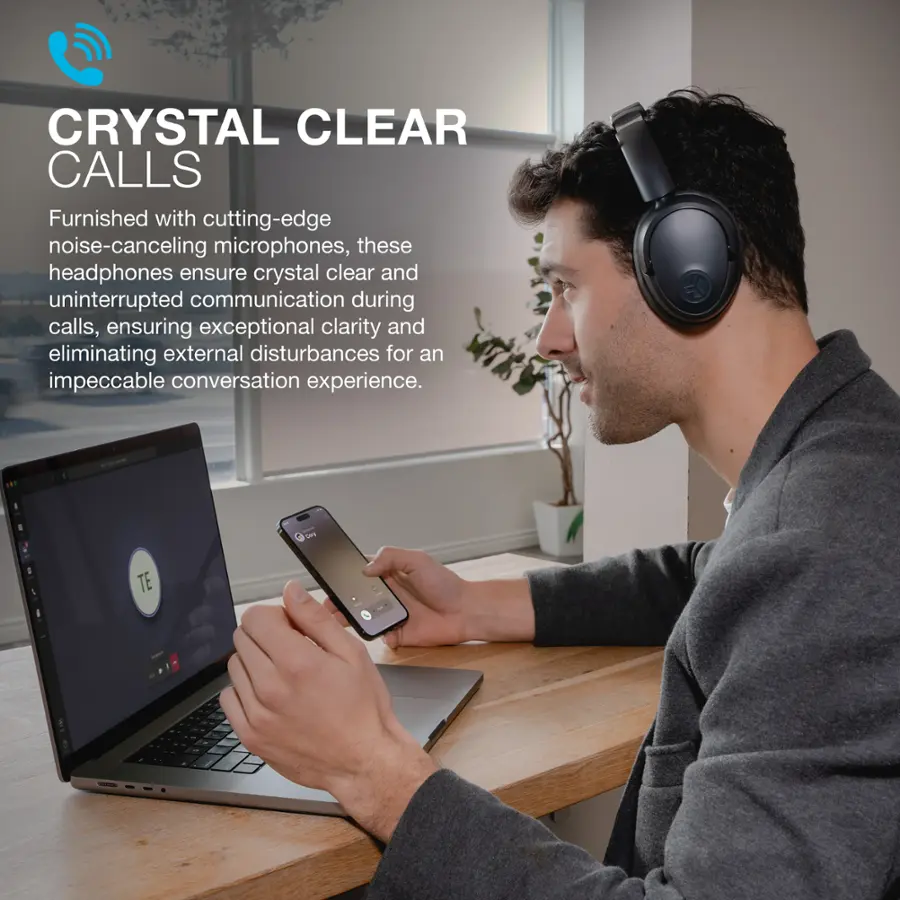 Crystal Clear Calls Furnished with cutting-edge noise-canceling microphones, these headphones ensure crystal clear and uninterrupted communication during calls, ensuring exceptional clarity and eliminating external disturbances for an impeccable conversation experience.