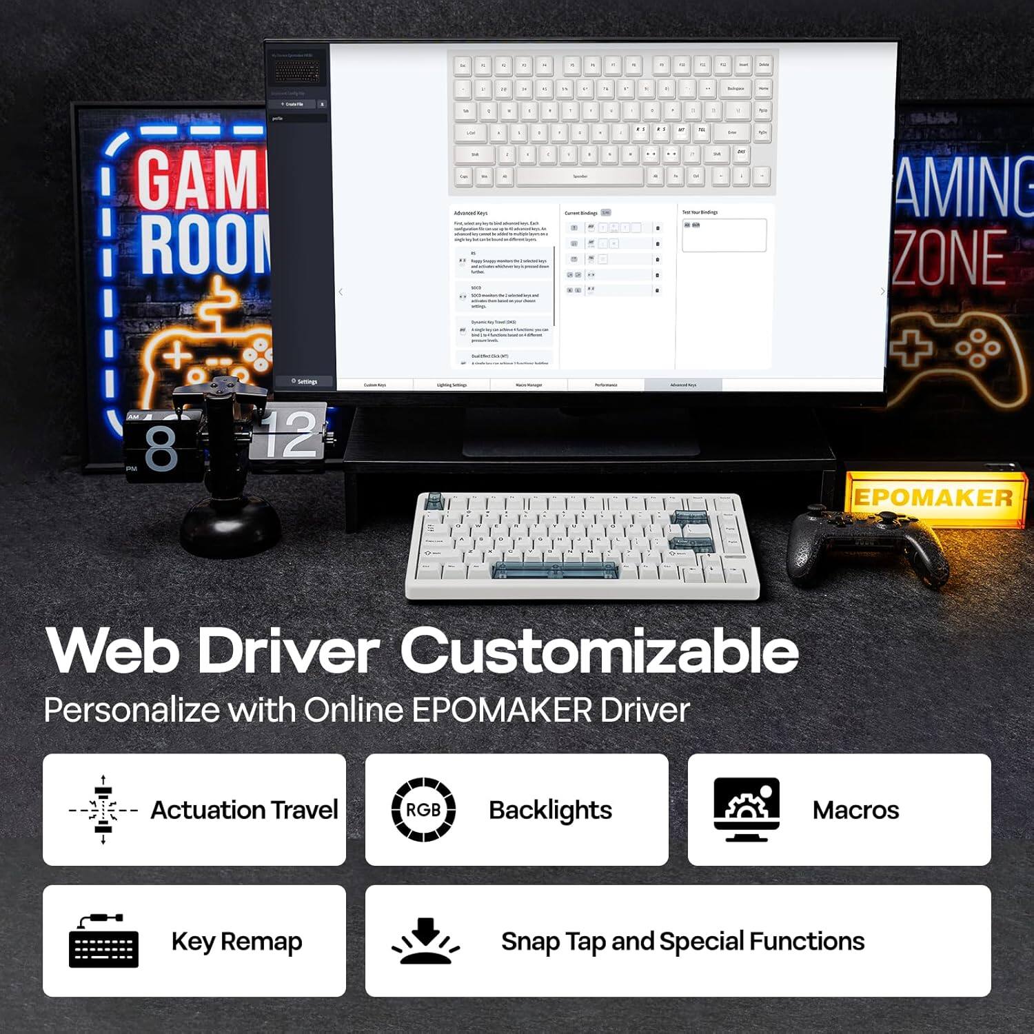 a - - a - a - . a - . . - GAM ROOM + - 8 12 4 - : - - I d d - . . a d d . - . - - - - - - -.. d : - - AMING ZONE + EPOMAKER Web Driver Customizable Personalize with Online POKER Driver Actuation Travel RGB Backlights Macros Key Remap Snap Tap and Special Functions