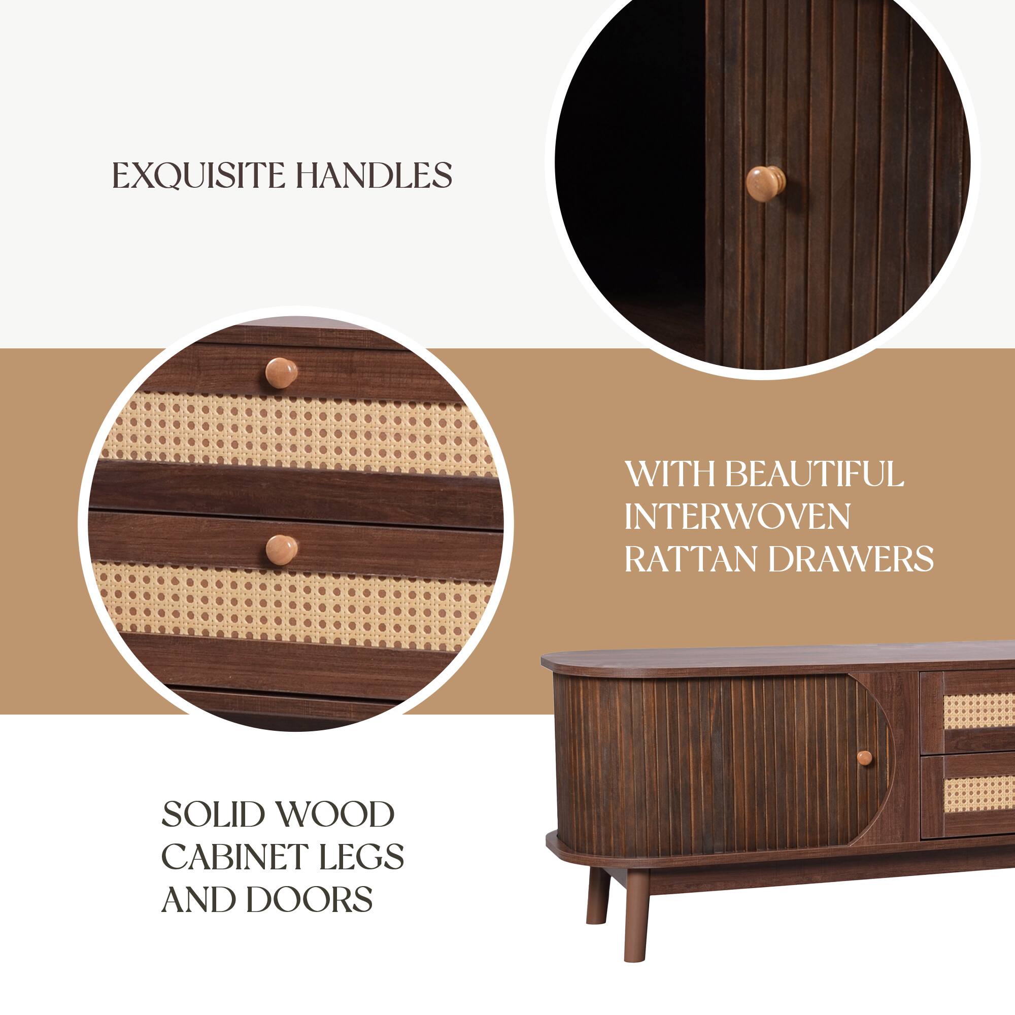 EXQUISITE HANDLES

WITH BEAUTIFUL INTERWOVEN RATTAN DRAWERS

SOLID WOOD CABINET LEGS AND DOORS