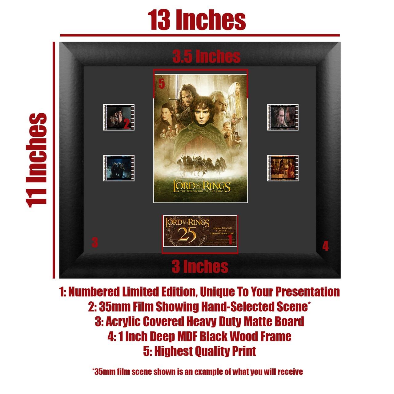 13 Inches  
3.5 Inches  
11 Inches  
3 Inches  

1: Numbered Limited Edition, Unique To Your Presentation  
2: 35mm Film Showing Hand-Selected Scene*  
3: Acrylic Covered Heavy Duty Matte Board  
4: 1 Inch Deep MDF Black Wood Frame  
5: Highest Quality Print  

*35mm film scene shown is an example of what you will receive