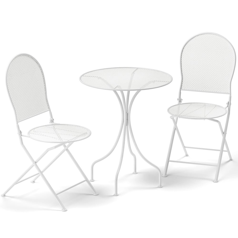 Mondawe - 3 Piece Metal Bistro Patio Round Table and 2 Folding Chairs Set - White