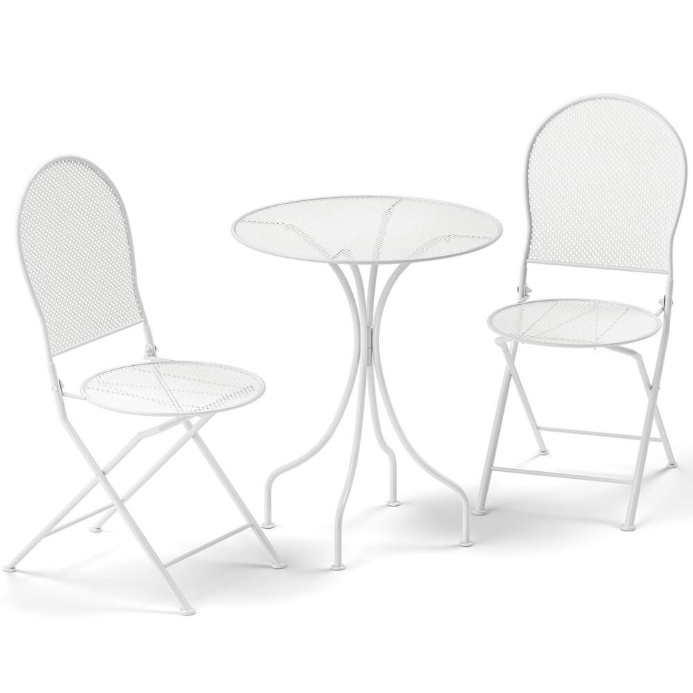 Front. Mondawe - 3 Piece Metal Bistro Patio Round Table and 2 Folding Chairs Set - White.