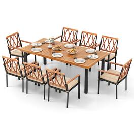 Gymax - 9 PCS Patio Dining Set Acacia Wood Table w/ Soft Cushions and 1.9'' Umbrella Hole - Natural, Black