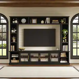 Whisen - All-in-One Entertainment Center Wall Unit for TVs up to 80-Inch,TV Stand with Storage Shelves and Tempered Glass Doors - Black
