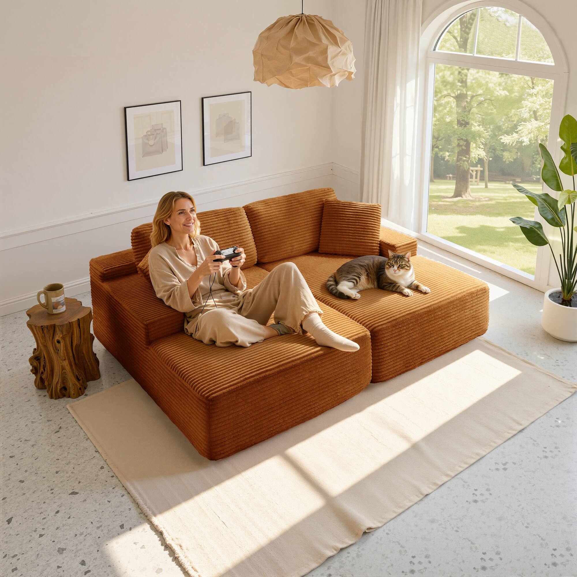 Alt View 6. Meqiodas - Oversized Double Lounge Chaise,Cloud Plush Sofa Bed,Modern Corduroy Upholstered Boneless Cloud Sofa Deep Seat - Orange.