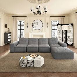 Kadyn - 104" Left Chaise Modular Sectional, Plush Corduroy Cloud Couch with Deep Seating, No Assembly, Black - Gray