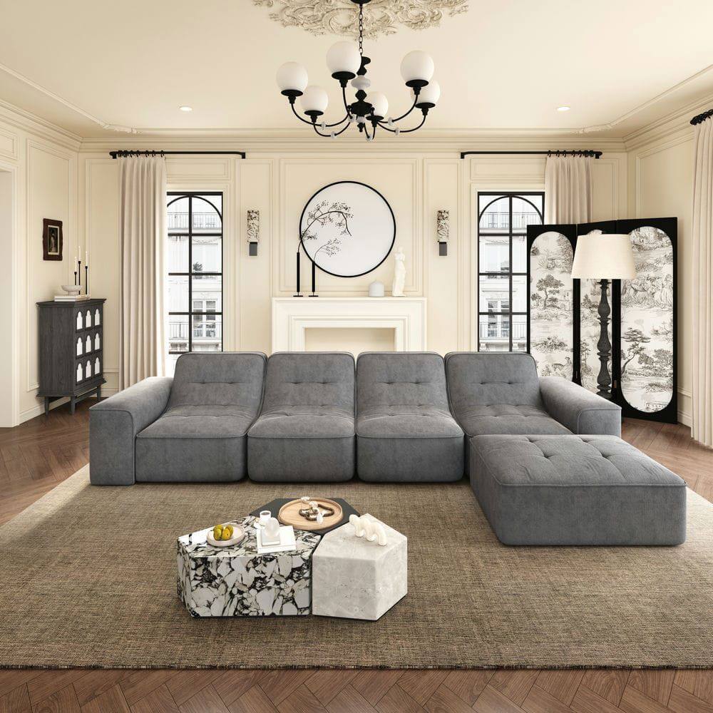 Front. Kadyn - 104" Left Chaise Modular Sectional, Plush Corduroy Cloud Couch with Deep Seating, No Assembly, Black - Gray.