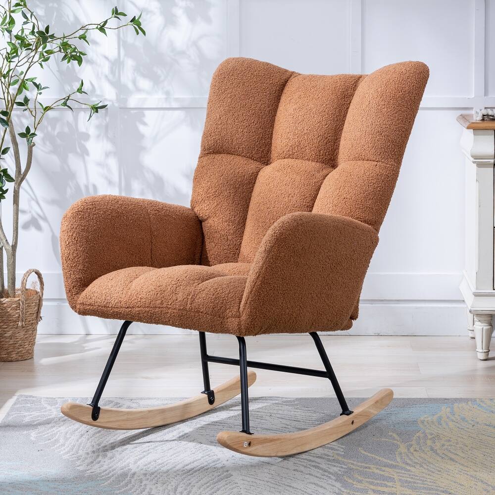 Loheer - Teddy Fabric Rocking Chair Wingback Glider Rocker with Storage Pocket - Brown