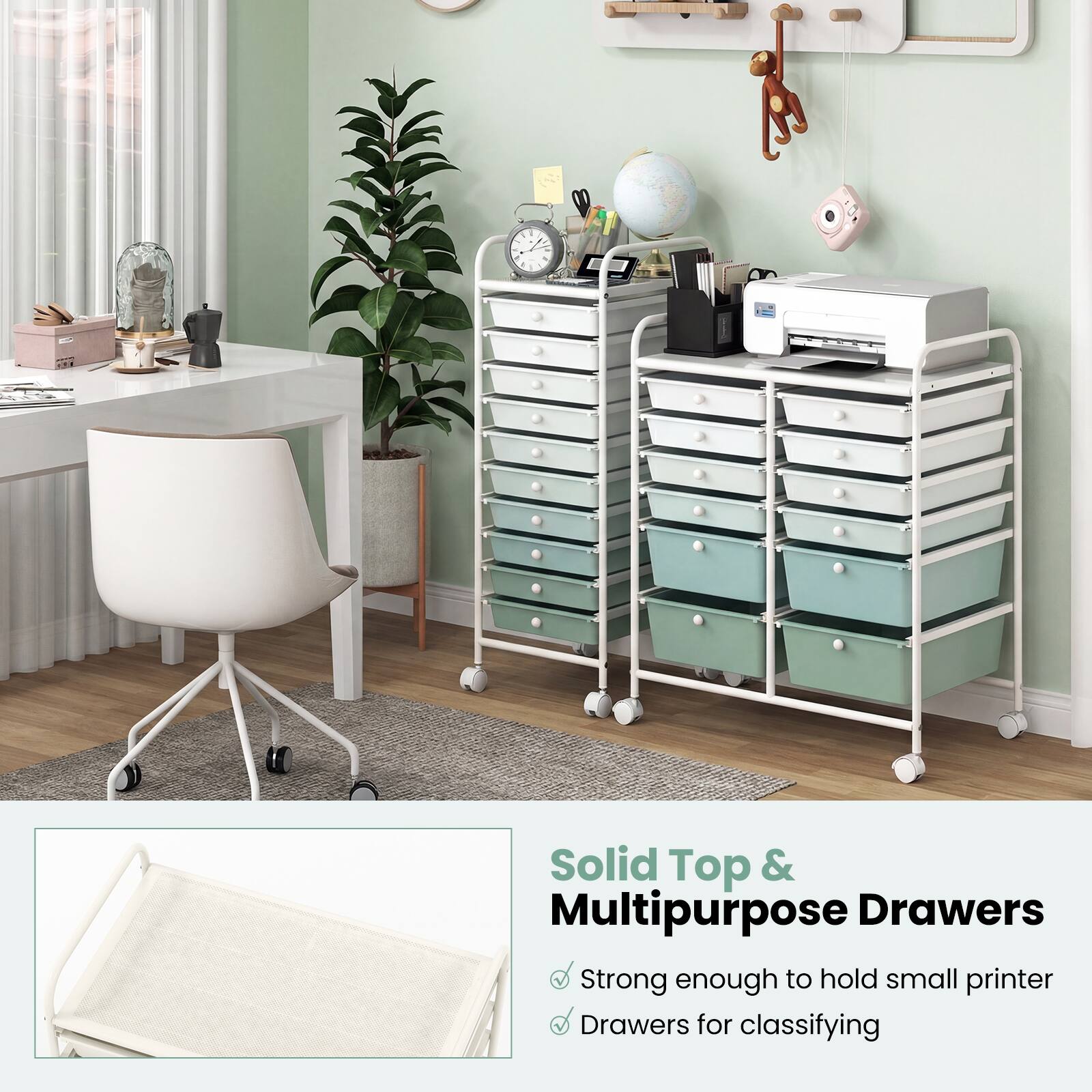 Solid Top & Multipurpose Drawers  
- Strong enough to hold small printer  
- Drawers for classifying