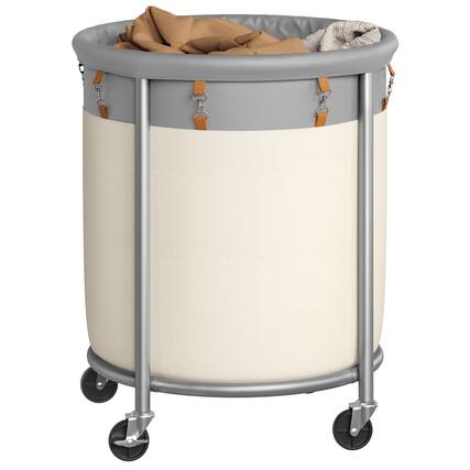 Front. Songmics Home - 50.2-Gallon (190 L) Laundry Basket with Wheels - Dove Gray and Cream White.