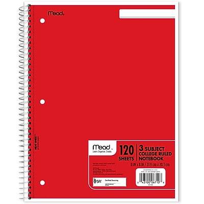 Mead  
3 Subject  
120 College Ruled Sheets  
Notebook  
Dix  
279 or 1 203  
SFT  
43100 06710  

Mead  
120 Sheets  
3 Subject  
College Ruled  
11" x 8 1/2" (279mm x 203mm)  
SF