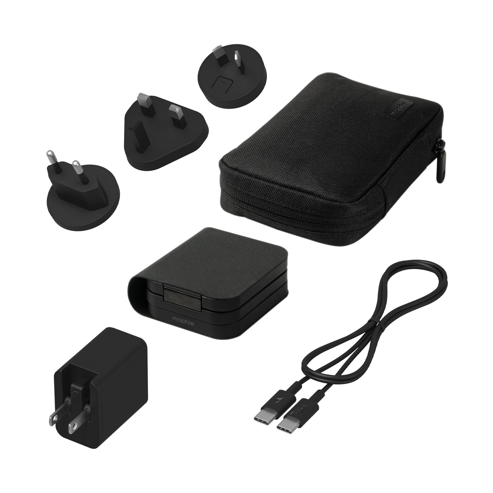 Left. mophie - 3-in-1 Wireless Travel Charger for iPhone, AirPods, Apple Watch, and Qi2-Enabled Devices - Black.